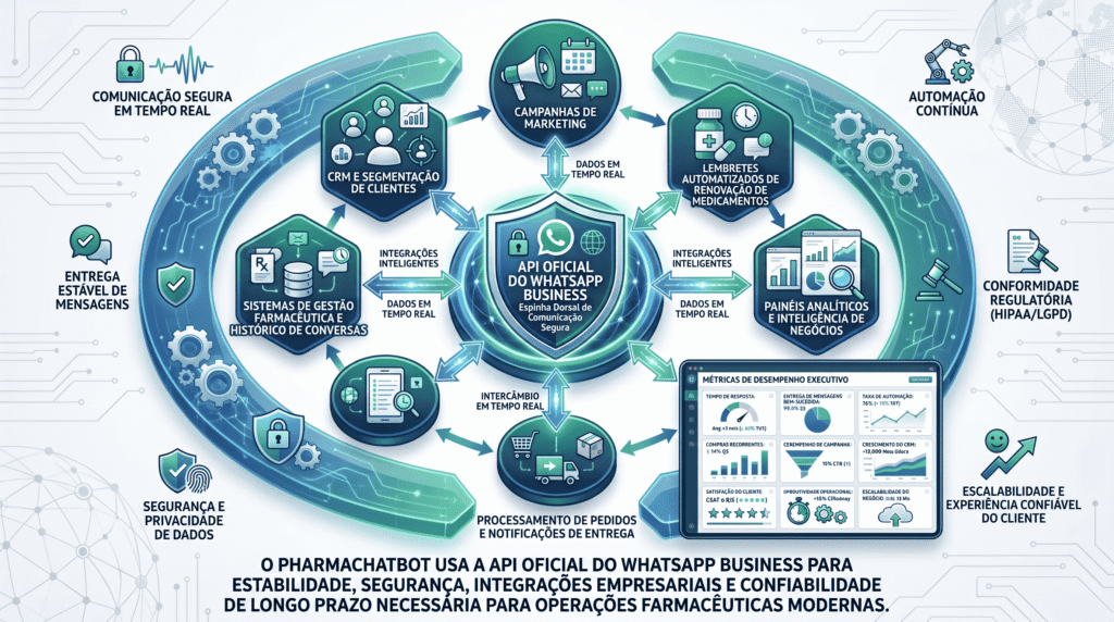 Diagrama em núcleo do PharmaChatbot do Grupo Symbol, mostrando a API Oficial do WhatsApp Business como a espinha dorsal de comunicação segura no centro. Setas conectam a API a módulos integrados ao redor, como Campanhas de Marketing, CRM e Segmentação de Clientes, Lembretes Automatizados de Renovação de Medicamentos, Painéis Analíticos e Inteligência de Negócios, e Processamento de Pedidos. O diagrama destaca benefícios como conformidade regulatória (HIPAA/LGPD), escalabilidade confiável e dados em tempo real. Um quadro mostra métricas de desempenho executivo como tempo de resposta e taxa de automação. O texto final afirma que o PharmaChatbot utiliza a API Oficial para garantir estabilidade, segurança e confiabilidade de longo prazo necessárias para operações farmacêuticas modernas.