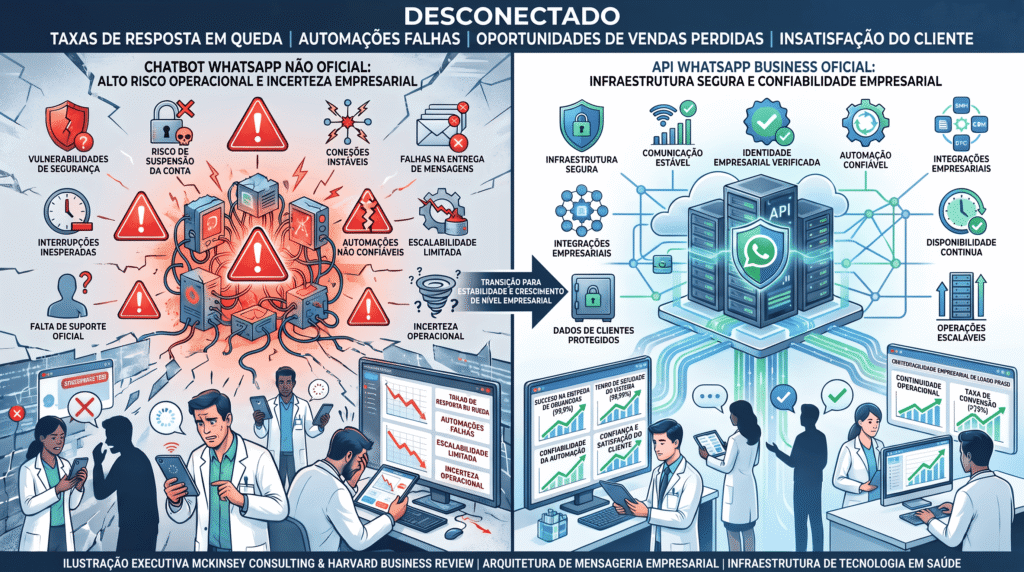 Infográfico comparativo de soluções de chatbot para farmácia no WhatsApp. Do lado esquerdo, sob o título "DESCONECTADO", ícones vermelhos ilustram os altos riscos operacionais de usar um chatbot não oficial, como taxas de resposta em queda, falhas de automação, perda de vendas e falta de suporte oficial. Uma seta central aponta para a "transição para estabilidade e crescimento". Do lado direito, sob o título "API WHATSAPP BUSINESS OFICIAL", ícones verdes detalham a infraestrutura segura e confiável, conformidade, segurança de dados de clientes, disponibilidade contínua e escalabilidade operacional fornecidos pela solução homologada pela Meta. Ao final, a ilustração é atribuída à consultoria McKinsey e Harvard Business Review como exemplo de infraestrutura de tecnologia em saúde e arquitetura de mensageria empresarial.