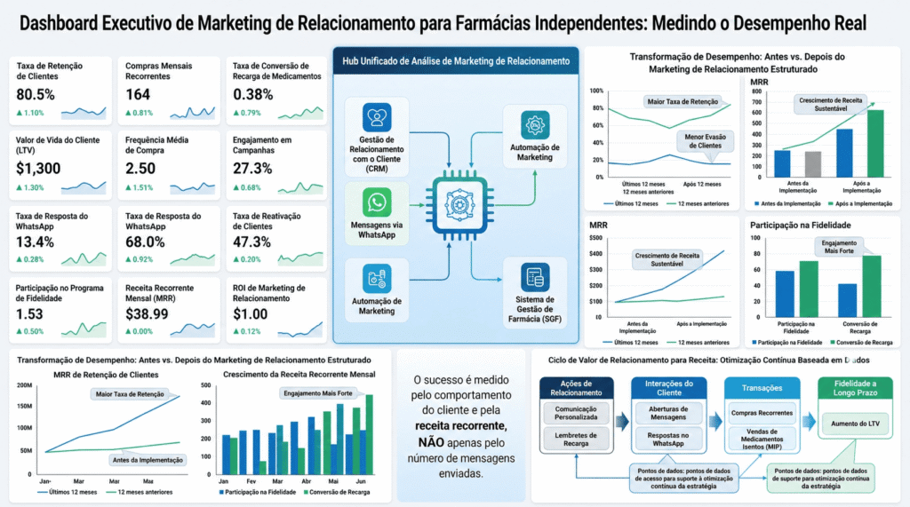 Painel executivo exibindo as métricas de marketing de relacionamento da FARMÁCIA, como o ROI, o LTV, e taxa de retenção.