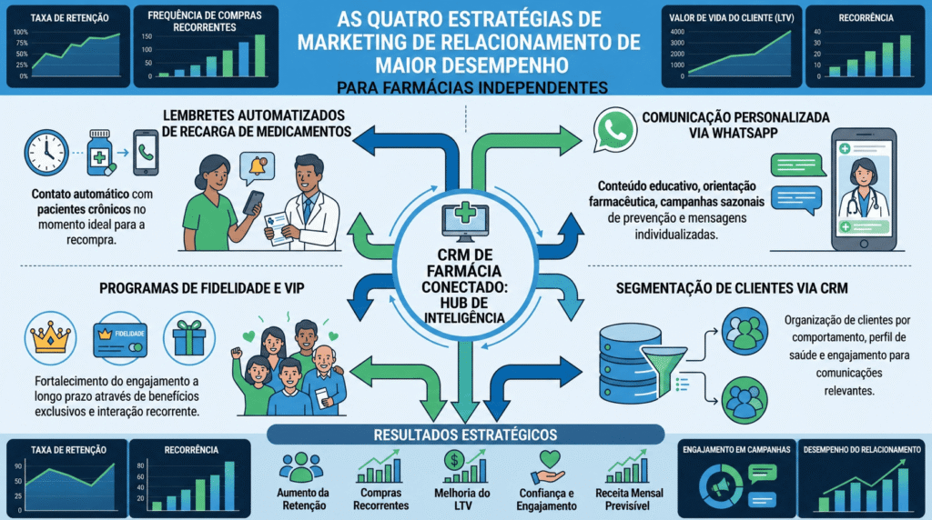 Infográfico detalha 4 estratégias de marketing de relacionamento na FARMÁCIA usando CRM e muita orientação farmacêutica.