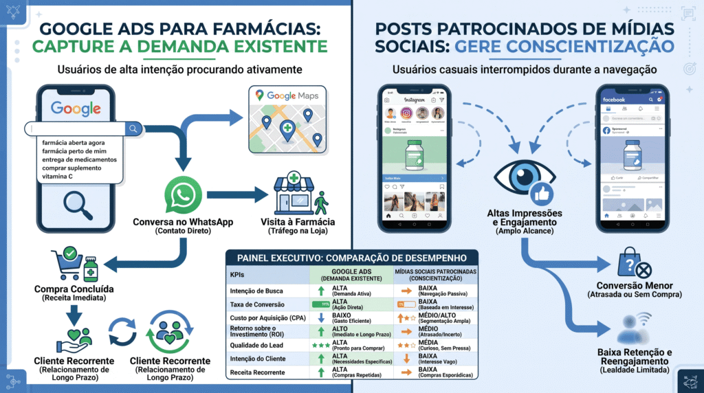 Infográfico compara Google Ads e Mídias Sociais para FARMÁCIA, destacando alta intenção e ROI maior na rede de pesquisa.