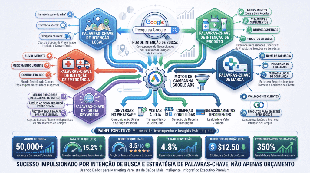 Infográfico do Google Ads para FARMÁCIA traz palavras-chave de intenção e as métricas do painel executivo de resultados.