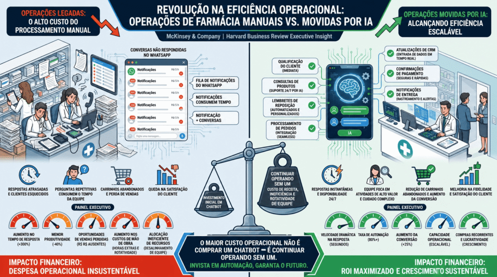 Comparativo de farmácia manual vs. farmácia com IA
