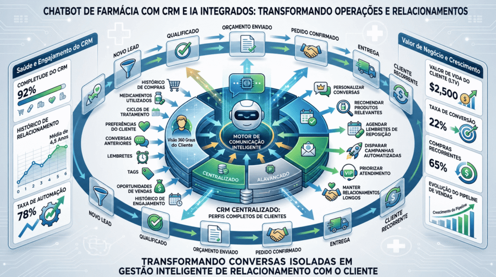 Infográfico ilustrando como um chatbot para farmácia, CRM, Kanban e campanhas transforma operações isoladas em uma gestão inteligente, mostrando todo o fluxo desde o novo lead até o cliente recorrente.