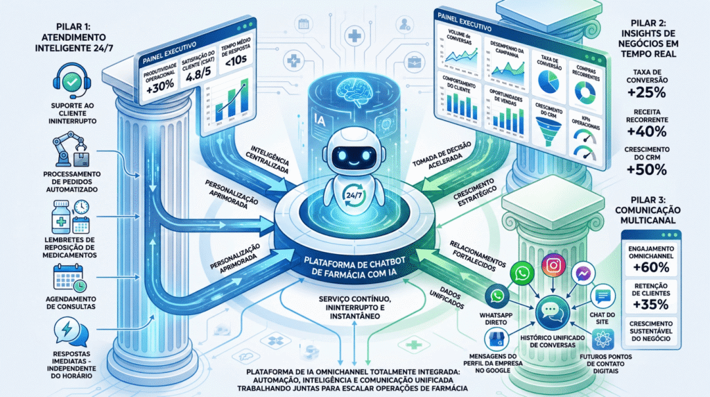 Diagrama da plataforma mostrando os três pilares do chatbot para farmácia: atendimento ininterrupto 24/7, insights de negócios em tempo real e comunicação multicanal integrada.