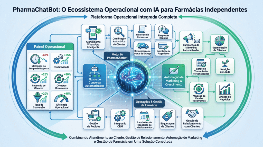 Diagrama do ecossistema PharmaChatBot com cérebro de IA central e KPIs positivos como tempo de resposta -40%.