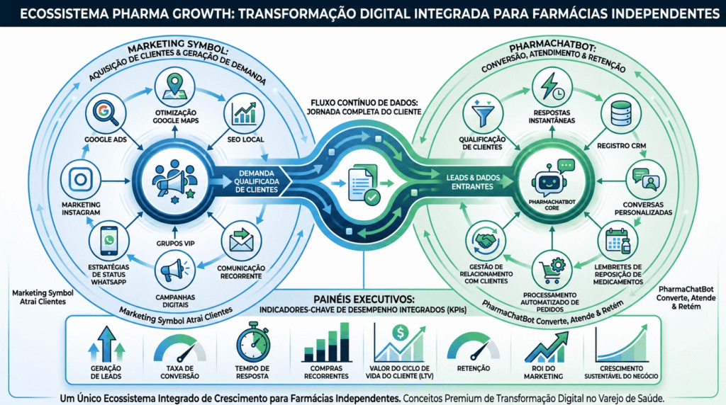 Loop de transformação digital Pharma Growth: marketing e chatbot integrados para conversão e retenção.