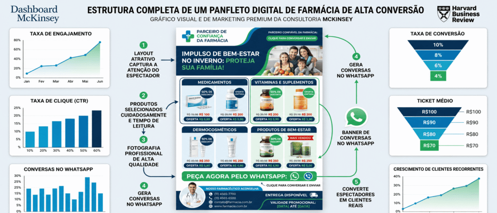 Diagrama visual do ecossistema de distribuição omnichannel do encarte digital FARMÁCIA, ilustrando a arte central conectada a canais como status do WhatsApp, Instagram, Google Meu Negócio e e-mail.