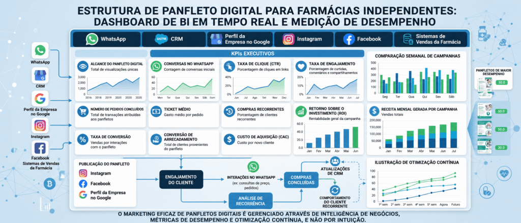 Dashboard de BI e painel executivo para medição de desempenho de panfletos digitais em FARMÁCIA, apresentando gráficos de alcance, conversões, ticket médio e ROI, junto a um fluxograma de jornada de compras e atualizações de CRM.