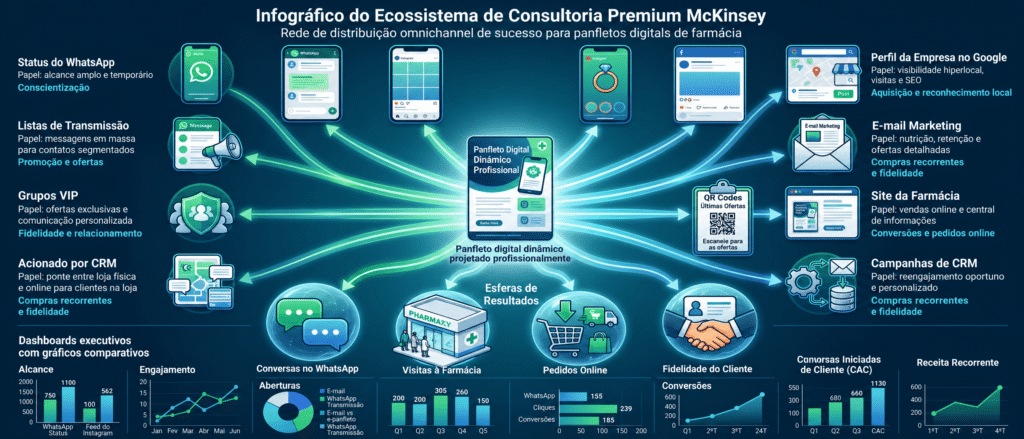 Dashboard de BI e painel executivo mostrando os resultados da panfletagem digital FARMÁCIA, apresentando gráficos de ROI, alcance e conversões, junto a um fluxograma da jornada de compras no CRM.