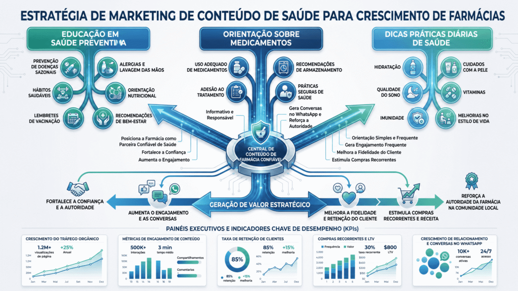 Infográfico detalhando a estratégia de marketing de conteúdo para farmácia, dividida em educação preventiva, orientação sobre medicamentos e dicas diárias. O diagrama mostra como a central de conteúdo fortalece a autoridade e melhora indicadores de retenção, LTV e conversas no WhatsApp.