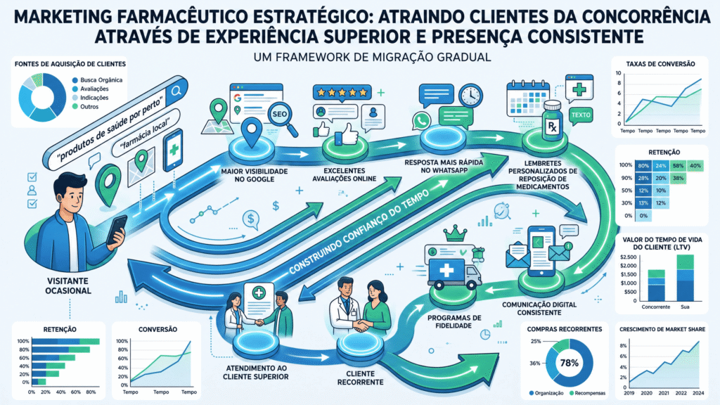 Infográfico de marketing para farmácia atrair clientes, ilustrando o framework de migração do visitante ocasional ao cliente recorrente através de visibilidade no Google e WhatsApp.