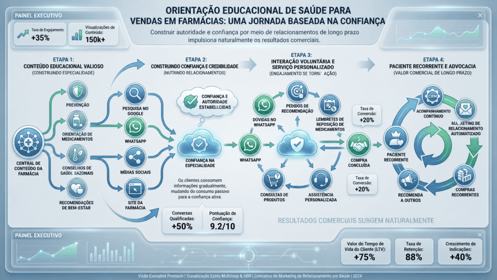 Fluxograma ilustrando a jornada do paciente através do marketing de conteúdo para farmácia. A imagem detalha 4 etapas: desde o consumo de conteúdo educacional valioso e construção de confiança, até a interação no WhatsApp e a transformação em um comprador recorrente.