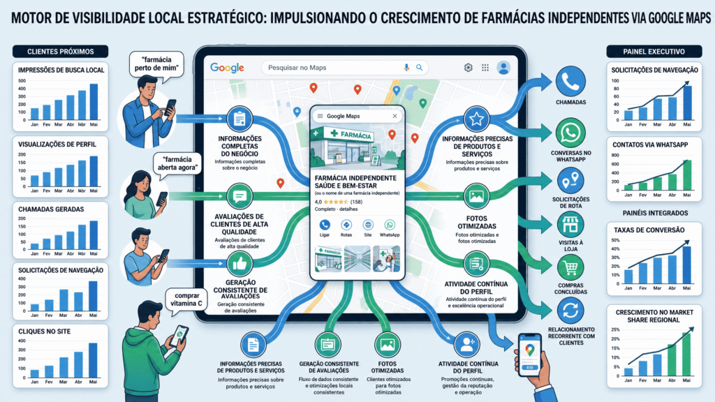 Diagrama demonstrando como o marketing para farmácia atrai clientes via Google Maps, detalhando otimizações de perfil que geram chamadas e contatos locais.