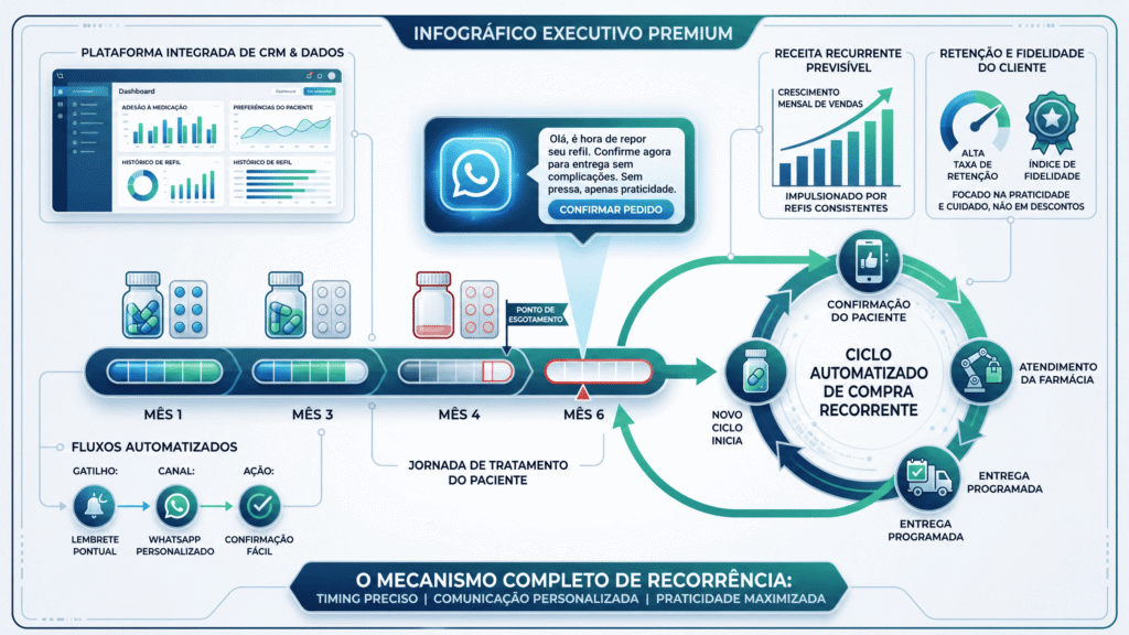 Infográfico do PharmaChatbot da Symbol Farma mostrando a automação da recompra recorrente em farmácias com CRM, lembretes via WhatsApp e entrega programada.