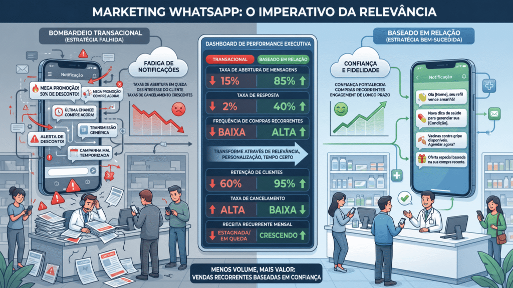 Infográfico da Symbol Farma mostrando como o marketing de relacionamento no WhatsApp aumenta retenção, confiança e compras recorrentes em farmácias.