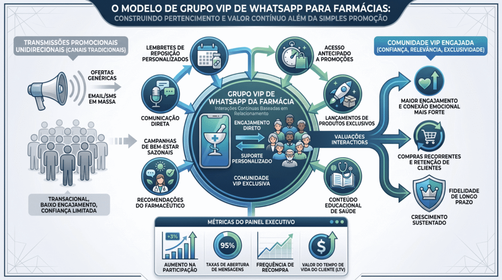 Modelo de grupo VIP de WhatsApp para farmácias focado em fidelização de clientes.