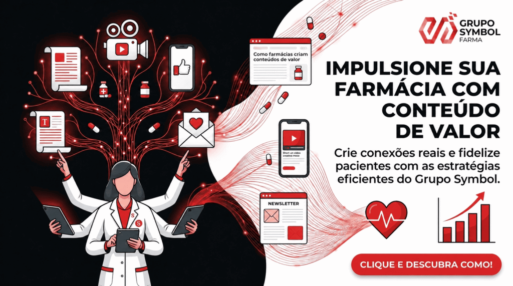 Banner do Grupo Symbol sobre marketing para farmácia atrair clientes com conteúdo de valor, redes sociais e estratégias digitais para fidelizar pacientes.