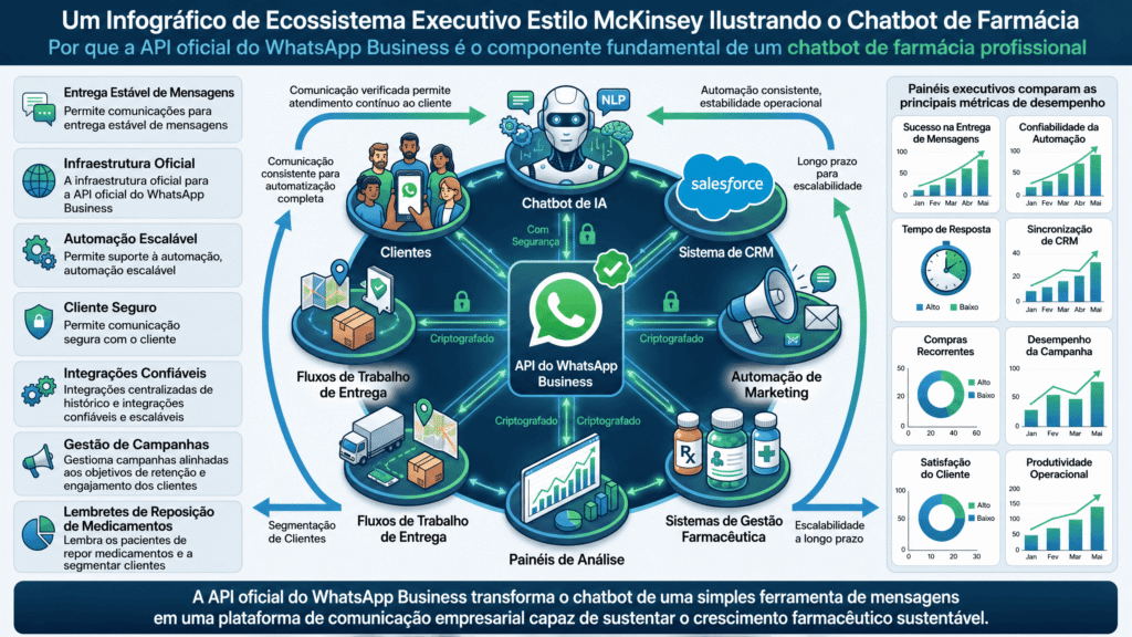 Infográfico detalhando o chatbot para farmácias como funciona na prática, ilustrando o fluxo desde a intenção do cliente no WhatsApp e triagem pela IA, até a transferência inteligente para a equipe humana e os painéis de conversão.