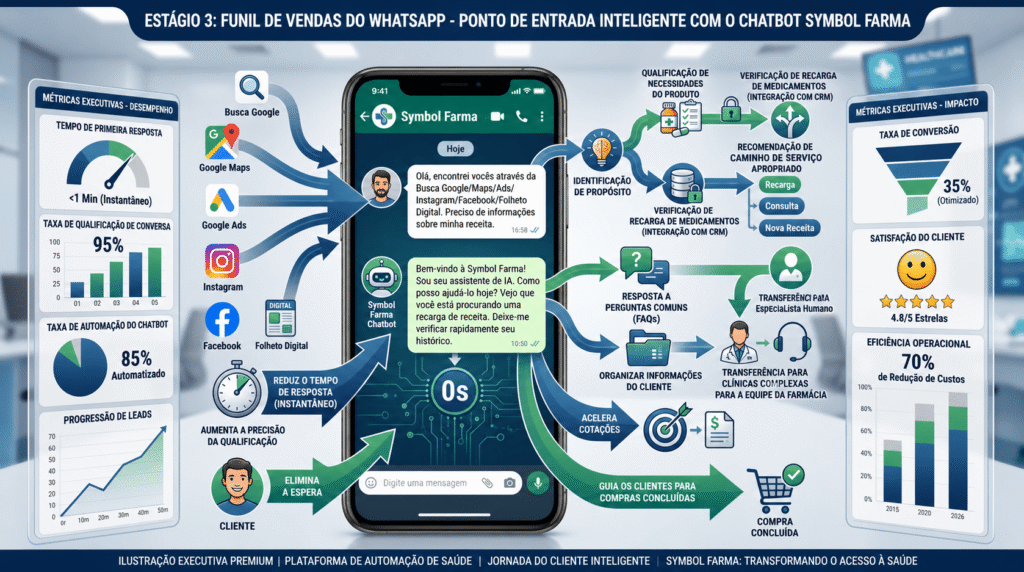 Infográfico detalhando o estágio 3 do funil de vendas no WhatsApp da Symbol Farma. A imagem mostra a jornada de um cliente vindo de canais como Google Ads e Meta Ads para o WhatsApp, onde é recebido instantaneamente por um chatbot inteligente. Inclui painéis de métricas executivas que destacam 95% de taxa de qualificação, 35% de conversão e redução de 70% nos custos operacionais.