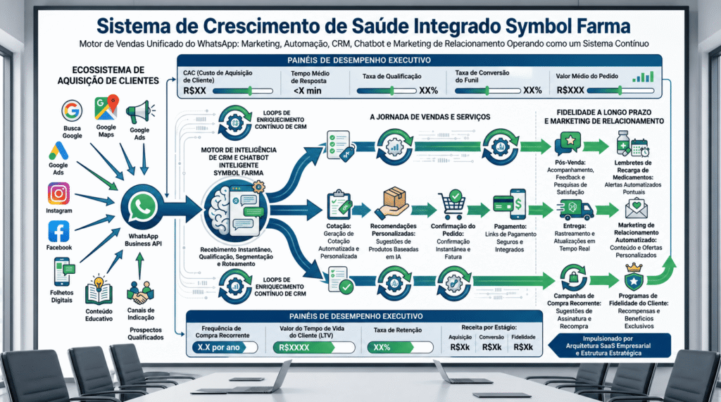 Diagrama completo em um painel corporativo ilustrando o Sistema de Crescimento de Saúde Integrado da Symbol Farma. O fluxo contínuo mostra desde a aquisição de clientes (Google, Meta) passando pelo motor de inteligência do CRM e chatbot no WhatsApp, até as etapas de cotação, pagamento e fidelidade a longo prazo. Inclui painéis de desempenho executivo focados em retenção e valor do tempo de vida do cliente (LTV).