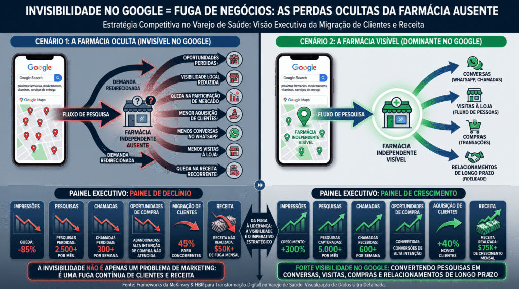 Infográfico executivo detalhando os três canais estratégicos de marketing para FARMÁCIA Google: SEO para descoberta orgânica, Google Maps para presença local e Google Ads para intenção de compra imediata, incluindo painéis de análise de conversão e ROI.