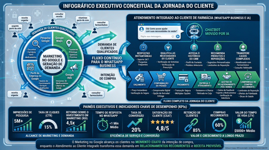Diagrama comparativo mostrando a fuga de negócios e a perda de vendas de uma FARMÁCIA oculta no Google, em contraste com o crescimento de visitas e conversas no WhatsApp de uma operação com alta visibilidade digital.